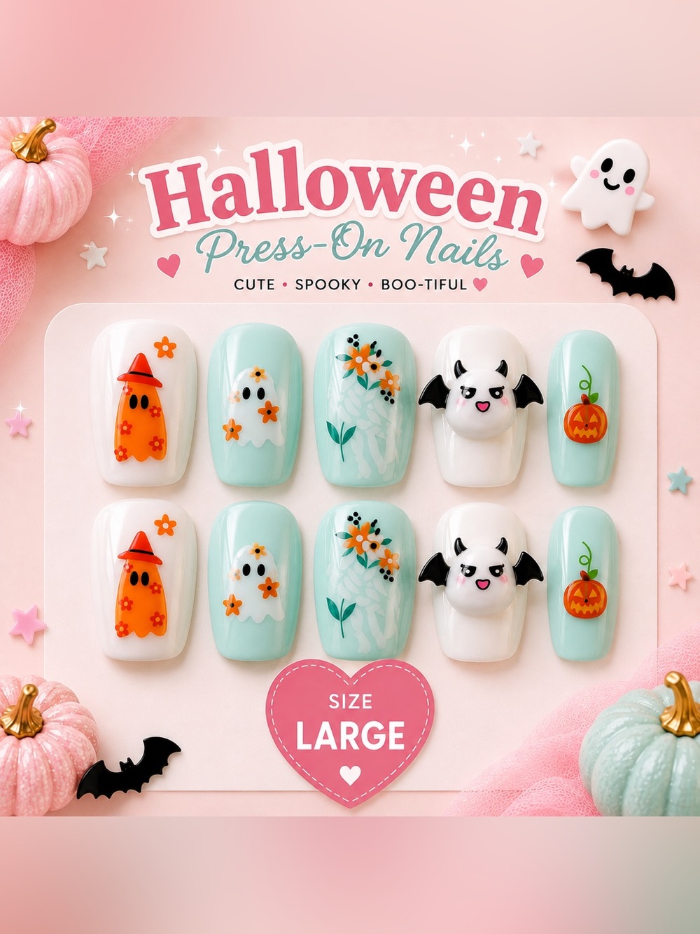 Halloween Mint Green & White Press-On Nails with Ghost and Pumpkin Designs